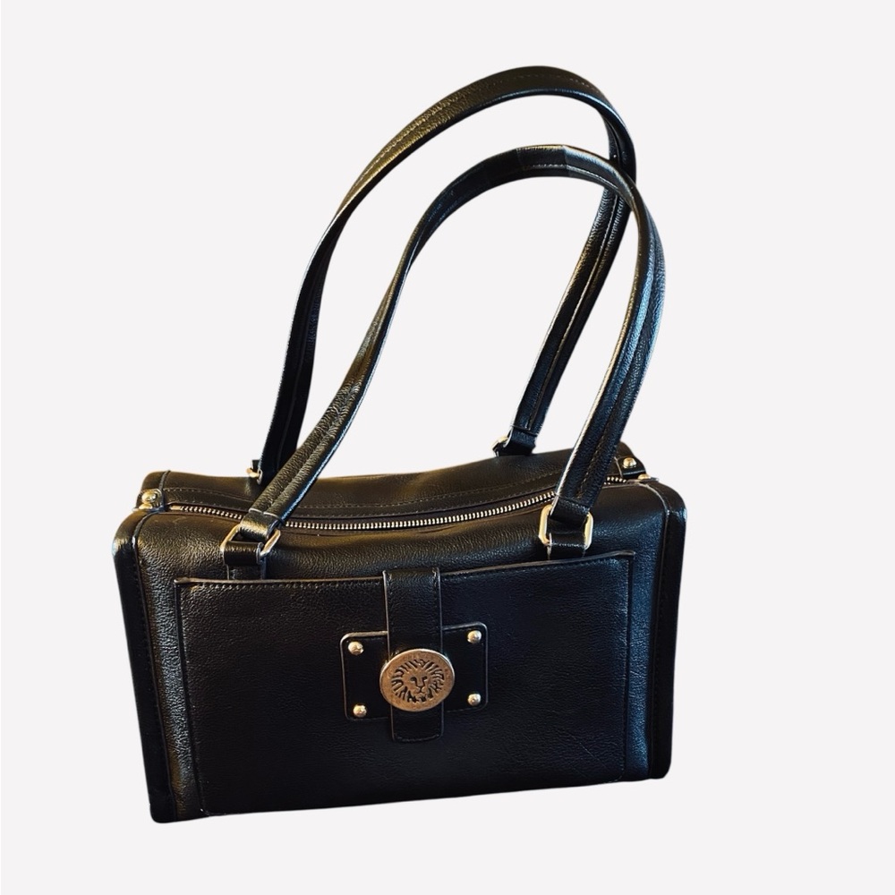 Anne Klein Black Leather Satchel with Structured Design